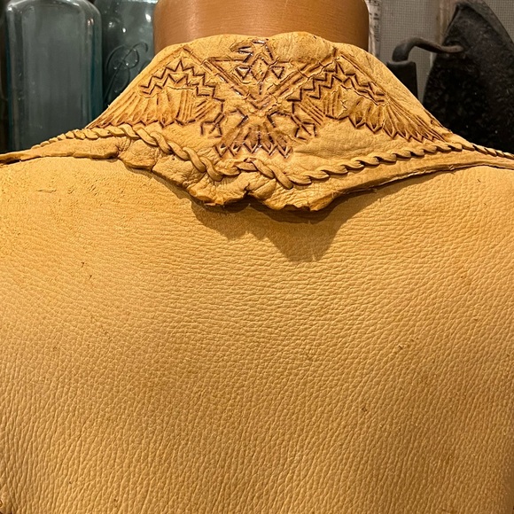 Vtg BUCKSKIN LEATHER Jacket PYROGRAPHY THUNDERBIRD Whipstitch FESTIVAL East West - Picture 4 of 16